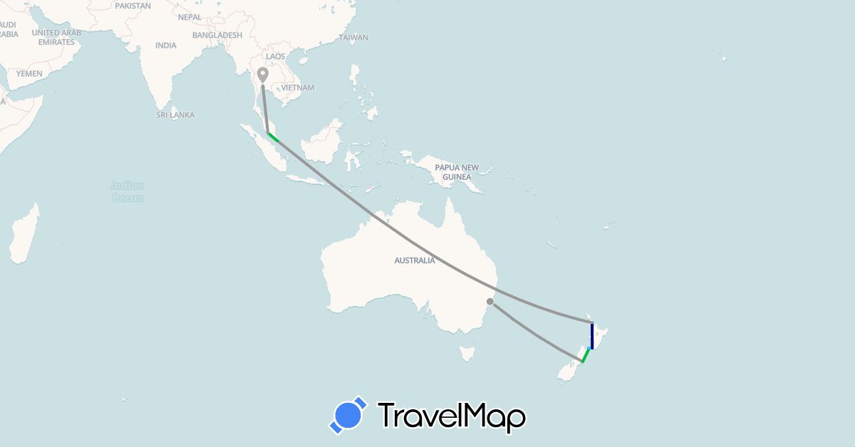 TravelMap itinerary: driving, bus, plane, boat in Australia, Malaysia, New Zealand, Singapore, Thailand (Asia, Oceania)